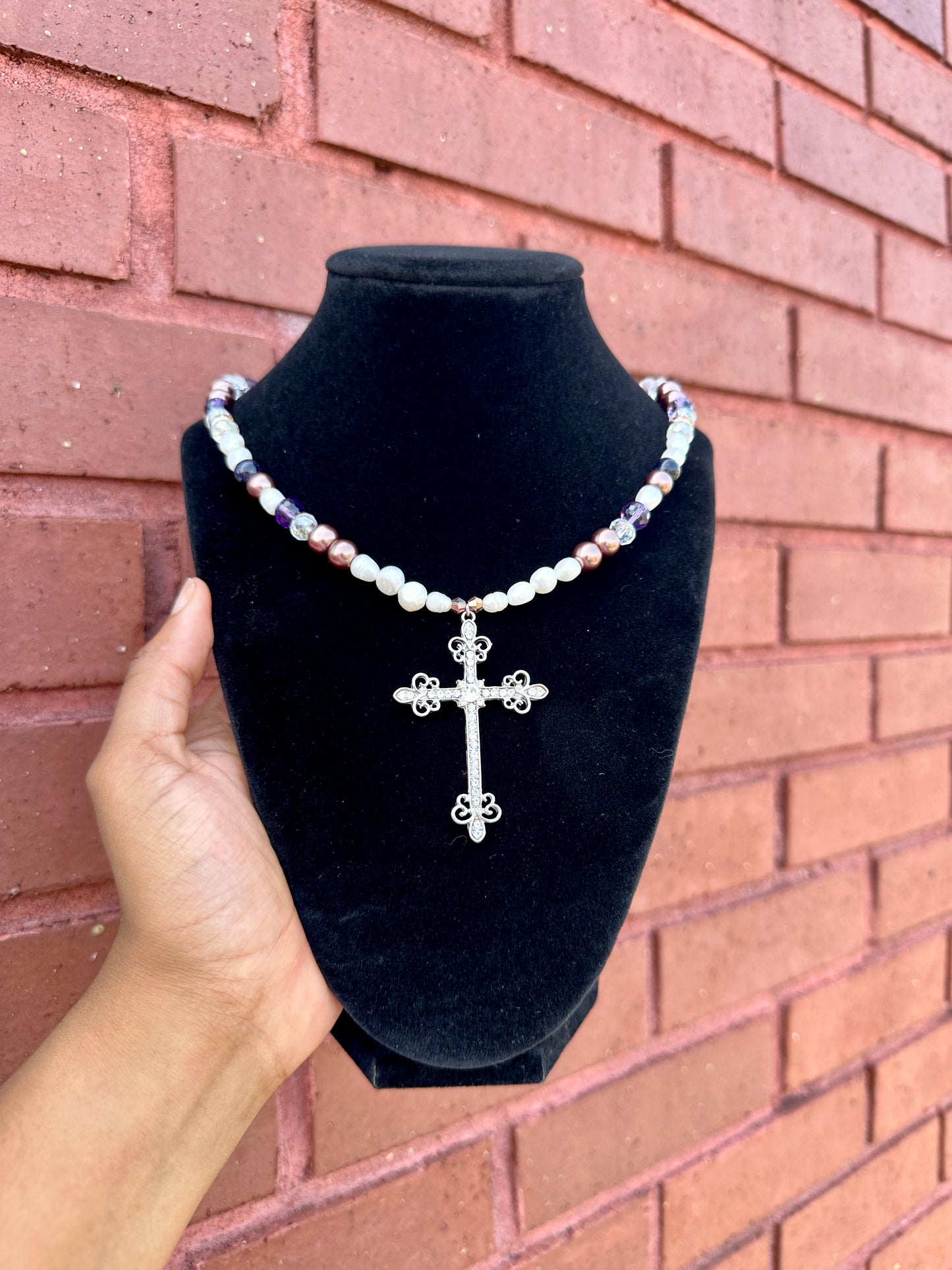 Cross Pendant Real Pearl & Amethyst Necklace