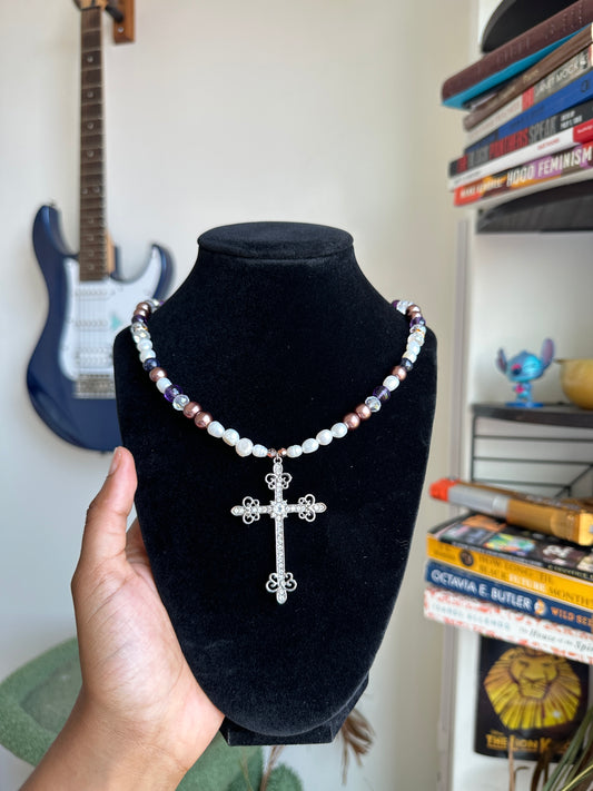 Cross Pendant Real Pearl & Amethyst Necklace