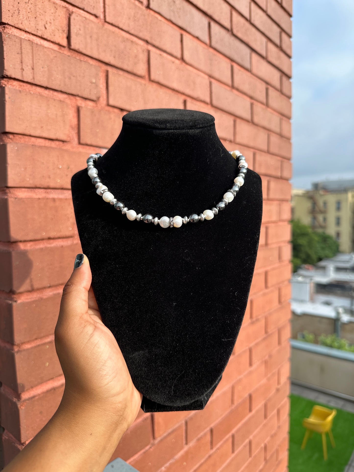 "Gravity" Real Pearl & Hematite Necklace