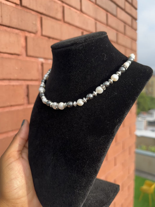 "Gravity" Real Pearl & Hematite Necklace