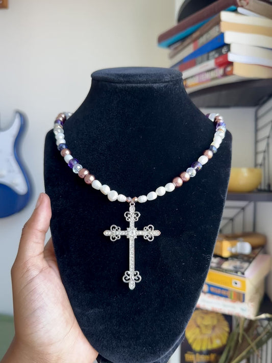 Cross Pendant Real Pearl & Amethyst Necklace